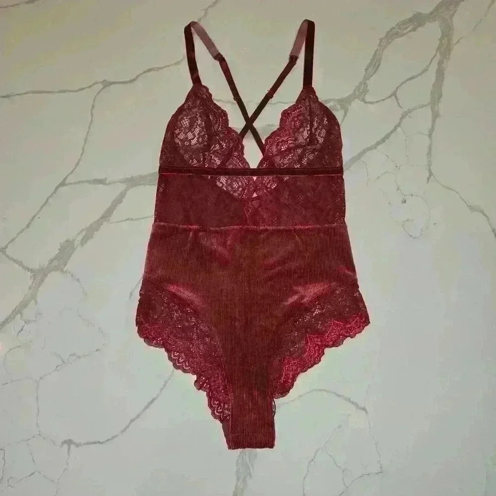 NWT Adore Me Womens Lacy Lingerie Bodysuit Deep Red Size Small